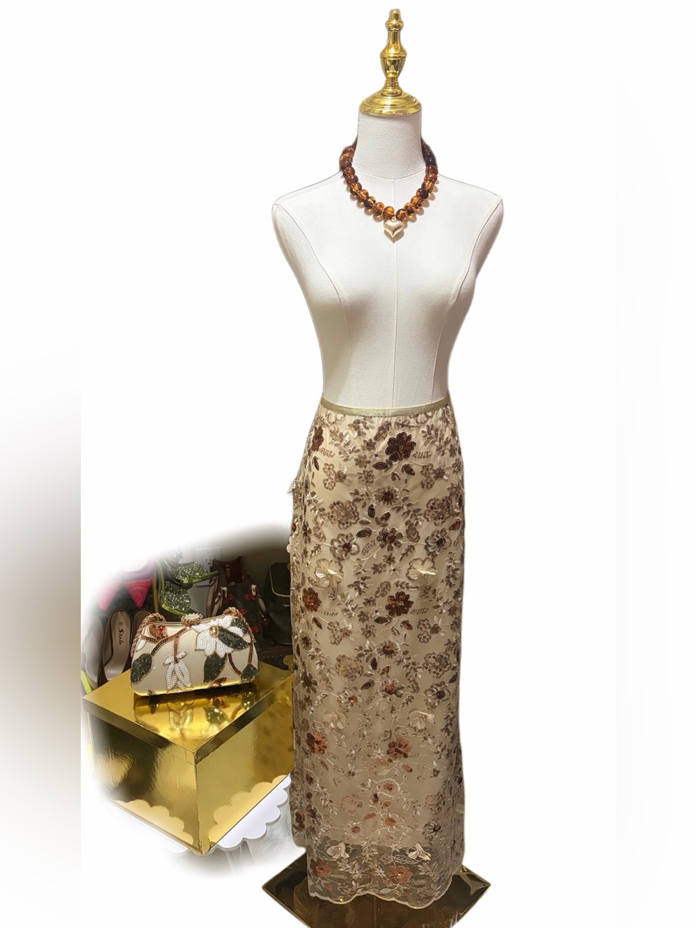 Elegant Cream Floral Embroidered Maxi Skirt